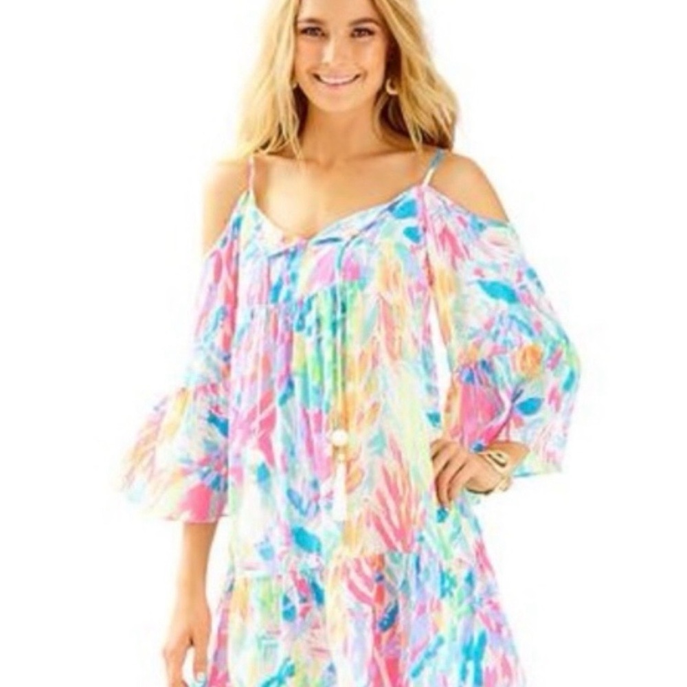 Lilly Pulitzer Alanna Cold Off Shoulder Dress Sparkling Sands Tassel - Picture 2 of 10